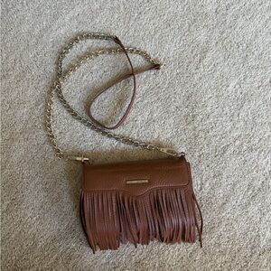 Rebecca Minkoff Fringe Crossbody Bag in Brown with Gold Chain